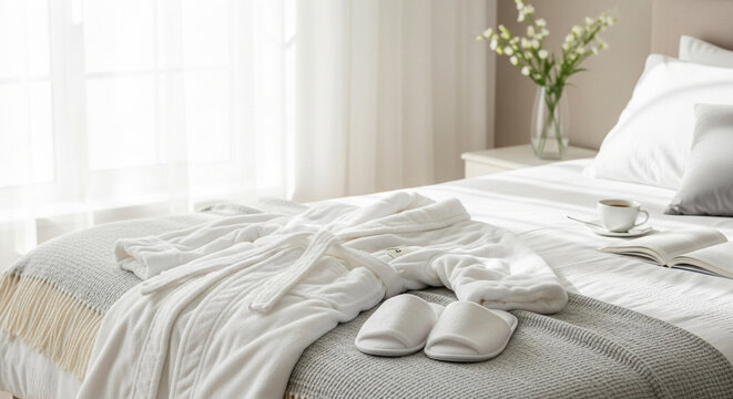 Cozy bedroom with white bathrobe and slippers on bed beside flowers  