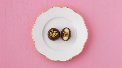 Two pieces of Turkish delight with pistachios on a white plate with a gold edge, on a pink background.