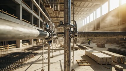 Construction Site Interior with Scaffolding and Sunlight Streaming