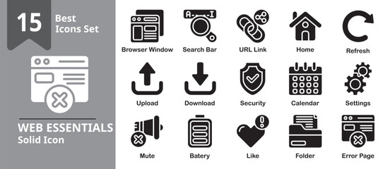 Web Essentials Icon set. Including web, browser, window, search, link, url and more. Solid vector icons collection.