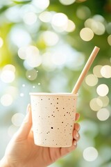 Woman's hand holding a speckled eco-friendly paper cup with a bamboo straw. Blurry green background with festive bokeh lights. Zero waste and sustainable lifestyle concept