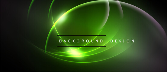 Dark backdrop features vibrant green neon curves. Text reads background design. Abstract illumination creates dynamic visual effect.