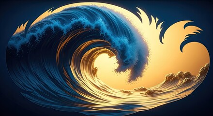 Dramatic ocean wave with golden hues and abstract design creating a powerful visual impact