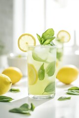 A glass of refreshing homemade basil lemonade with ice cubes and lemon slices on a white table. Fresh lemons and basil leaves are scattered around