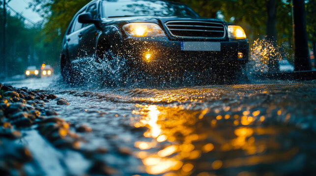 Car navigating through flooded street during heavy rain with impactful water splashes, representing driving challenges and adverse weather conditions, urban setting, and road safety concerns - Powered by Adobe