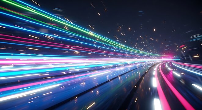 Abstract digital highway vibrant light trails on black background