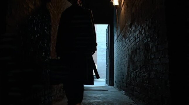 Silhouette of a mysterious man in a trench coat and fedora carrying a briefcase walking into a dark doorway in a brick alley.