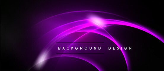 Abstract purple lines create dynamic curves. Bright center point draws attention, dark background enhances glow. Modern design element.