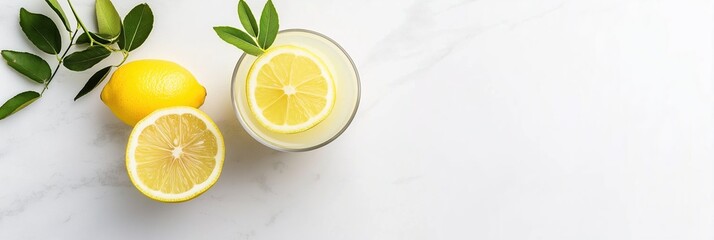 Fresh lemonade with lemons and green leaves on white marble background. Healthy organic summer drink