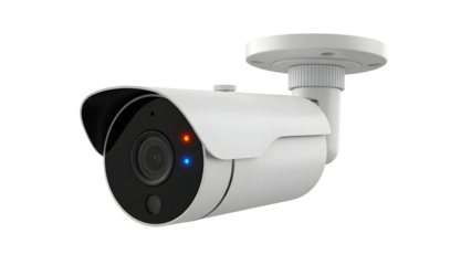 Modern white bullet security camera with red and blue led lights
