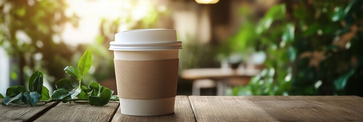 Paper coffee cup to go on a wooden table. Blurred background of a cafe or restaurant with green plants and warm morning sunlight. Banner format with copy space