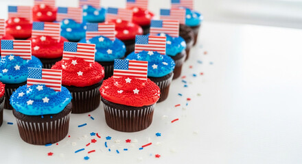 Red and blue cupcakes with American flags for patriotic celebration