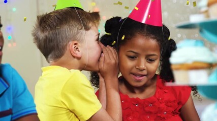 Boy leaning cupping hand whispering party surprise to girl, animated confetti falling, girl smiling - Powered by Adobe