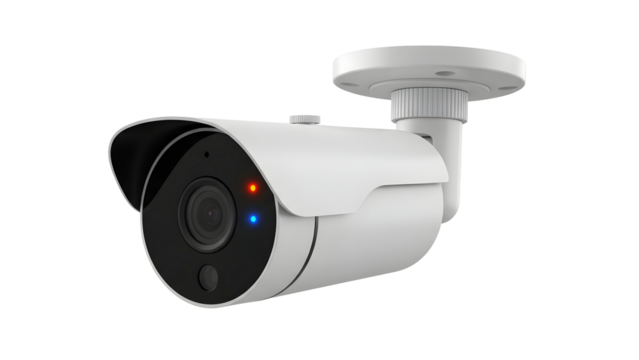 Modern white bullet security camera with red and blue led lights
