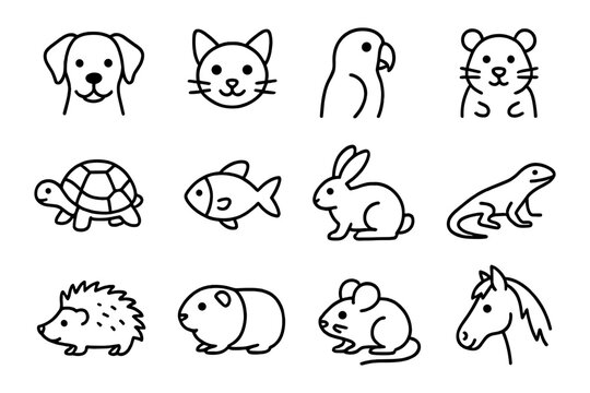 Animal outline icons set featuring various domestic and exotic creatures in linear style