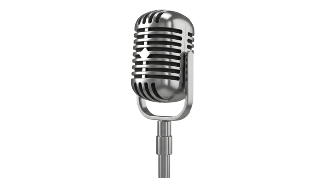 Vintage silver microphone on a stand against a black background