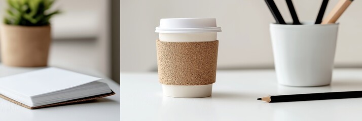 Modern minimalist office desk setup. Triptych showing a coffee cup, notebook, potted plant, and pencils on a clean white table