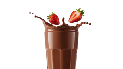 Chocolate Milk Splash with Strawberries on Transparent Background Featuring Delicious Drink Concept for Food and Beverage Promotions and Tasty Refreshment Advertisements