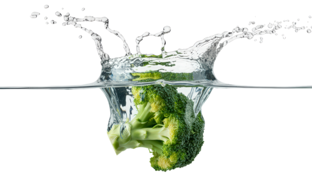Broccoli Crown Splashing Water Creating Beautiful Splash With Droplets Around Fresh Green Vegetable Falling into Clear Refreshing Liquid on Transparent Background Still Life