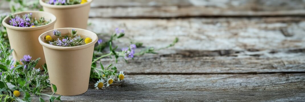 Herbal tea with fresh wild flowers and herbs in disposable paper cups on a rustic wooden background. Banner with copy space