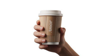 Close Up Hand Holding Coffee Cup Amor With Transparent Background Showcasing Hot Beverage Enjoyment Perfect For Cafe Promotions or Lifestyle Imagery