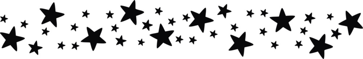 Scattered star border pattern design. Random star silhouette strip for decoration. Seamless celestial star row for creative projects. 