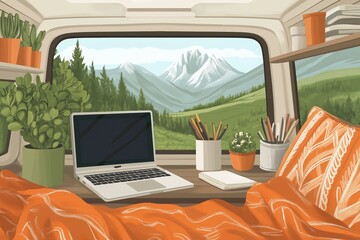 Cozy workspace inside a van with an open laptop, plants, and an orange blanket. The window shows a stunning mountain and forest landscape