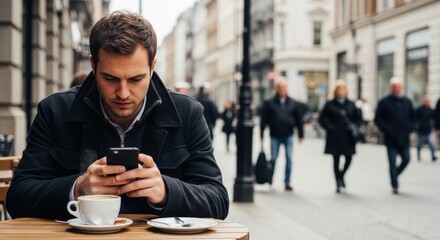 Young man enjoying coffee and phone at outdoor cafe