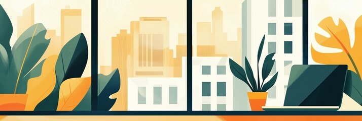 Modern office workspace with laptop on desk and potted plant. Large window shows view of city skyline