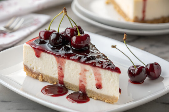 Cherry-topped cheesecake slice with graham crust and glaze drip on white plate in dining setup generative ai
