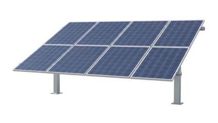 Modern solar panel array mounted on metal poles against a dark background