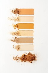 Color swatches of foundation makeup in various tones with powder texture on white background