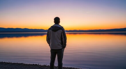 Solo figure observing a vibrant reflective sunset