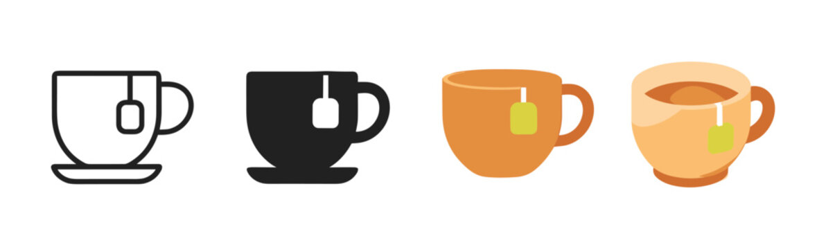 Tea cup designs in minimalist, silhouette, and flat styles with tea bag tags
