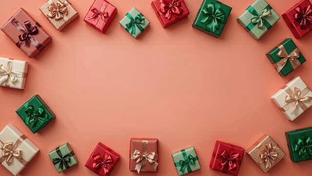 Colorful gift boxes arranged in a semi-circle on a pink background, showcasing various colors and ribbons.