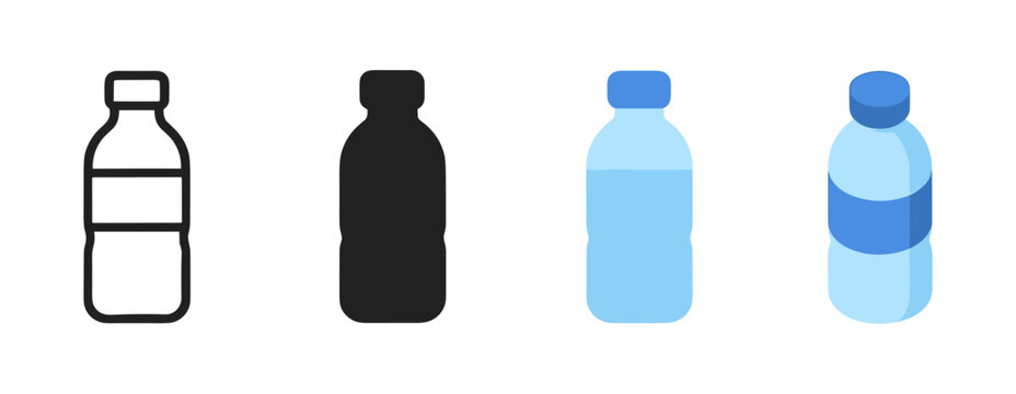 Set of water bottle icons in linear, silhouette, flat, and colorful styles