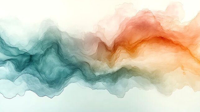 Abstract watercolor ink wash painting with blue, teal and peach color blend design