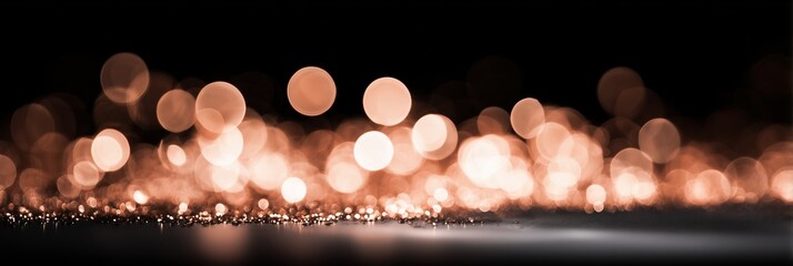 Rose gold bokeh circles floating against dark background, soft focus with various sizes and romantic glow
