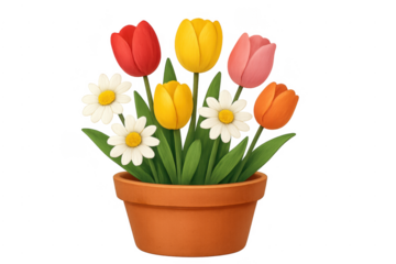 Colorful tulips and daisies in pot transparent background