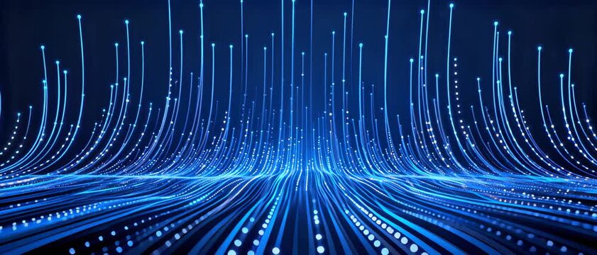 Abstract blue digital data streams flowing upwards and outwards from a dark reflective surface, representing information technology and the flow of digital information in a futuristic concept