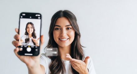 Smiling woman displays her photo on a mobile phone