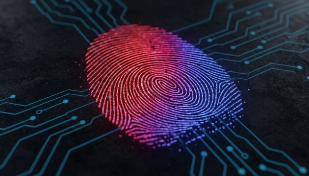 Digital fingerprint over a glowing circuit board, representing biometric authentication, cybersecurity, data protection and forensic detection of digital crime and network intrusion