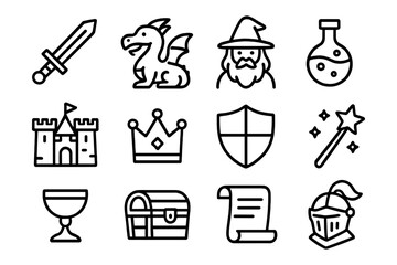 Obraz premium Fantasy adventure icons: sword, dragon, wizard, potion, castle, crown, and more