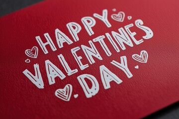 Happy Valentines Day message in white handwritten font on red textured paper. Festive greeting card with doodle hearts for holiday celebration