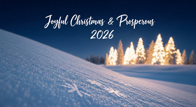 Winter scene with snowdrift and illuminated conifer trees in background, conveying festive mood for year 2026, suitable for holiday greeting themes