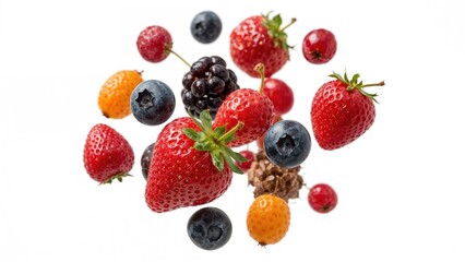 Obraz premium A variety of fresh berries, including strawberries, blueberries, raspberries, blackberries, and cloudberries, arranged in a cluster.