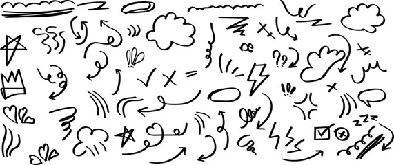 Hand drawn doodle elements in vector format with colorful and grayscale options for creative design