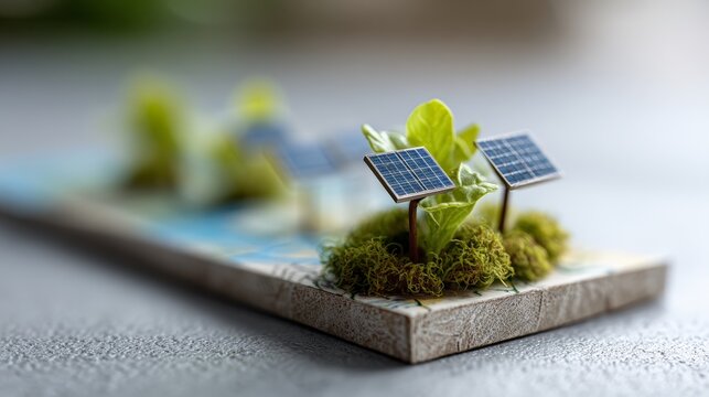 Miniature solar panels stand among green plants and moss on a small platform, illustrating the environmental concept of clean, renewable energy and sustainable development