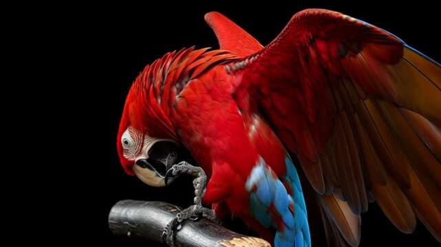 Vibrant Scarlet Macaw Perched on a Branch with Wings Spread Against Black Background.