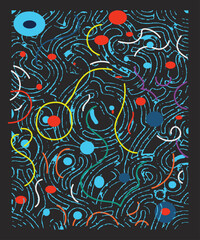 Energetic abstract artwork featuring fingerprint-style contour lines with colorful circles and flowing strokes. Modern, vibrant, dynamic design perfect for wall art, posters, prints and backgrounds.